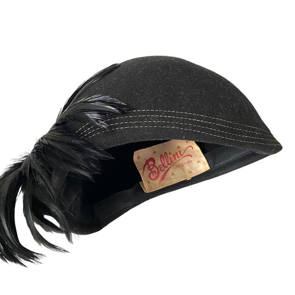 Vintage Bellini Originals Black Doeskin Felt Wool Feather Hat Topstitching USA - Picture 3 of 7